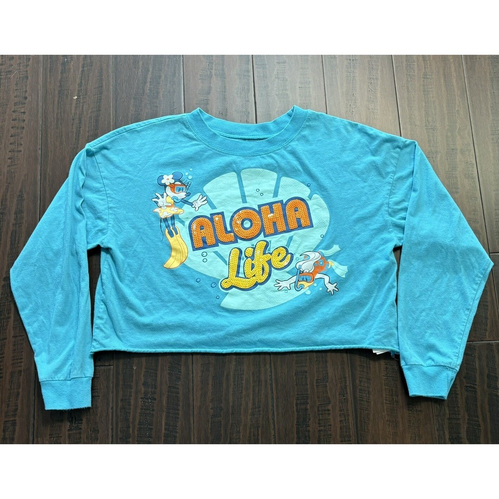 Aulani Disney Shirt Womens S Cropped Blue Minnie Sequins Aloha Life Hawaii